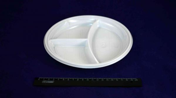 Тарелка десертная одноразовая пластиковая трёхсекционная белая d=210.1303/123